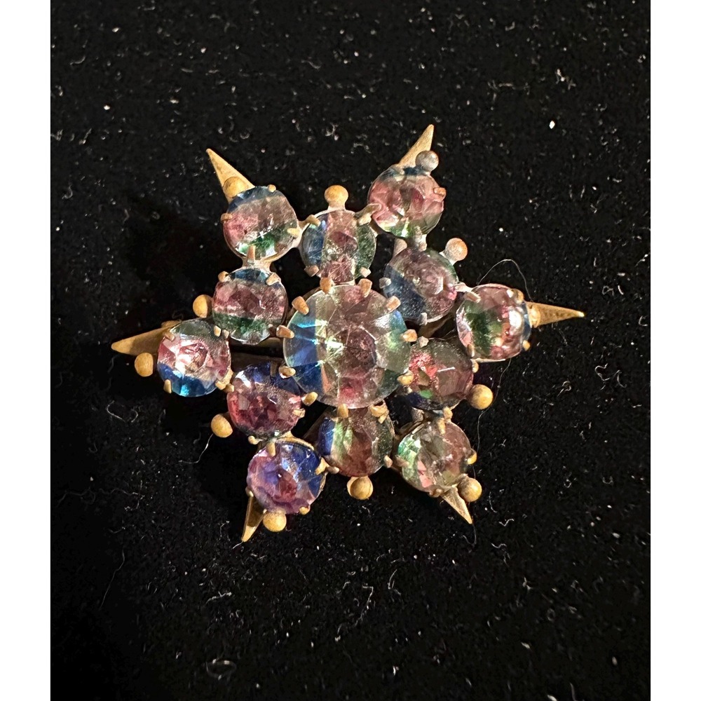 Antique Victorian Iris Rainbow Rhinestone Gold Filled Star Pin